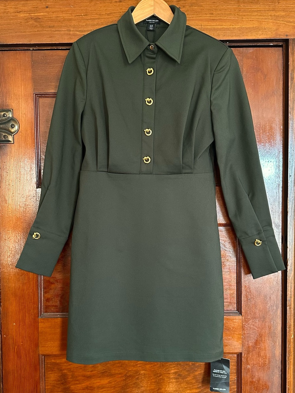 New Karen Millen Techno Cotton Woven Mini Shirt Dress Size 6 Petite Olive Green